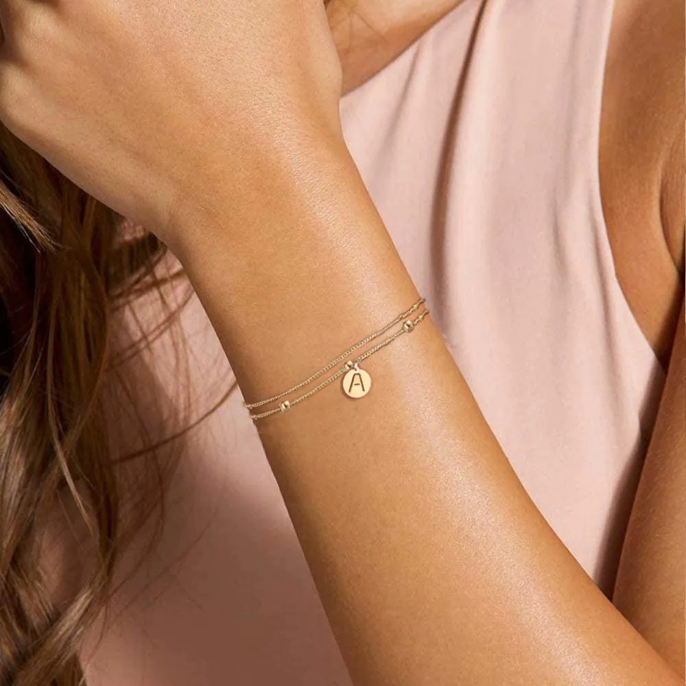Stainless Steel Disc Coin Letter Initial Bracelets For Women Multilayer Chain Alphabet Charm Jewelry Minimalist Design