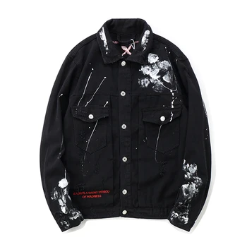 

Graffiti Appliques Hip Hop Jean Jacket Men Art Gone Mad Turn Down Collar Denim Jackets Men Streetwear Clothes