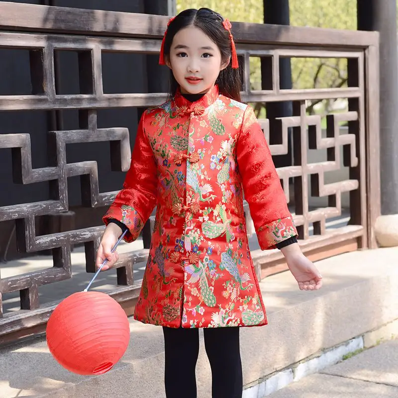 Chinese New Year Girls Traditional Cheongsam Winter Velvet Thicken Warm Kids Coat Pattern Printed Children Outwear 4-10T - Цвет: as picture