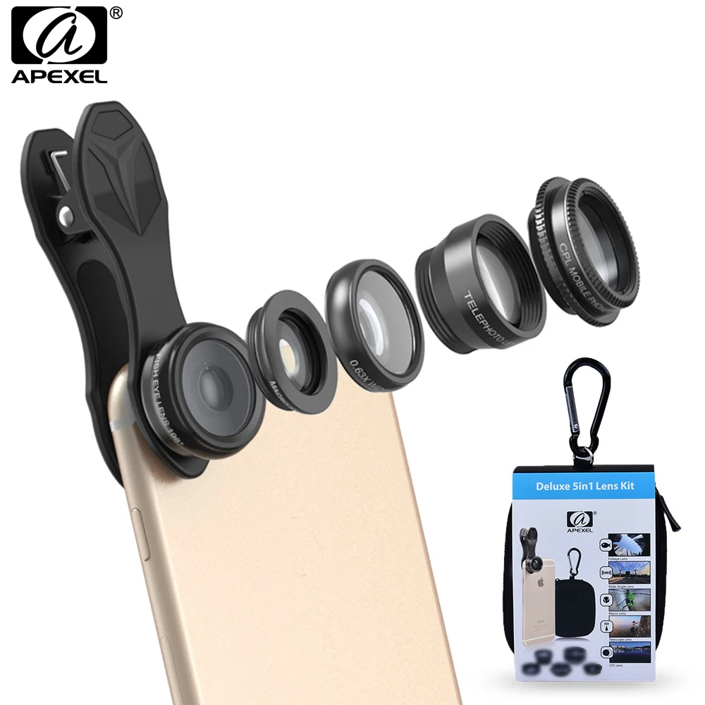 Apexel 5 In 1 HD Phone Camera Lens Kit Fisheye Lens+0.63x Wide Angle+