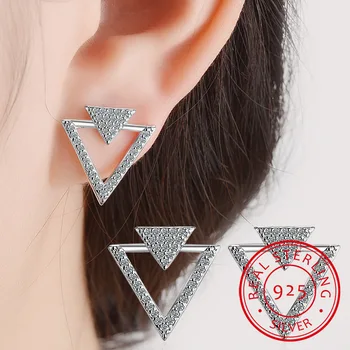 

925 Sterling Silver Jewelry Shiny Zirconia Crystal Hollow Triangle Stud Earrings For Women pendientes Oorbellen S-E358