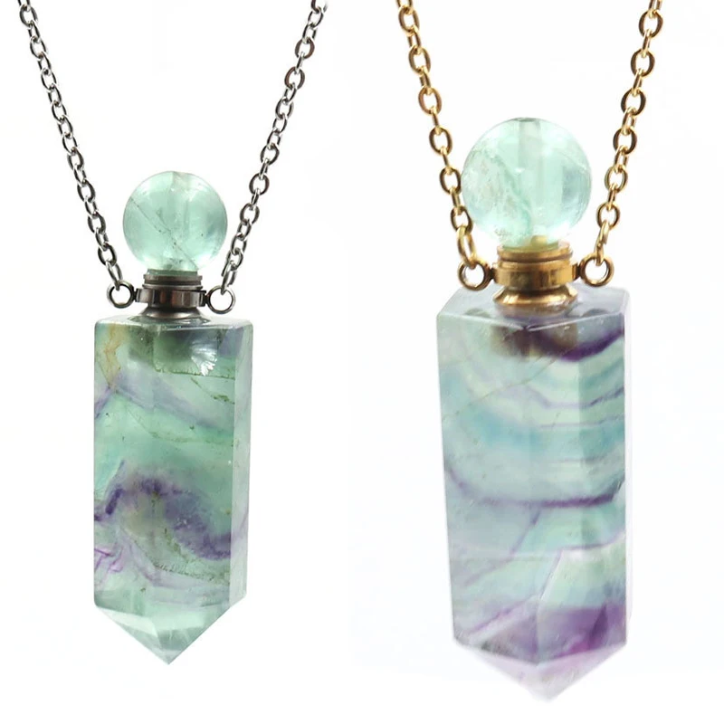 

Necklace Perfume Bottle Natural Gems Stone Essential Oil Diffuser Quartz Fluorite Pendants Pointed Charm Chain Necklaces Women