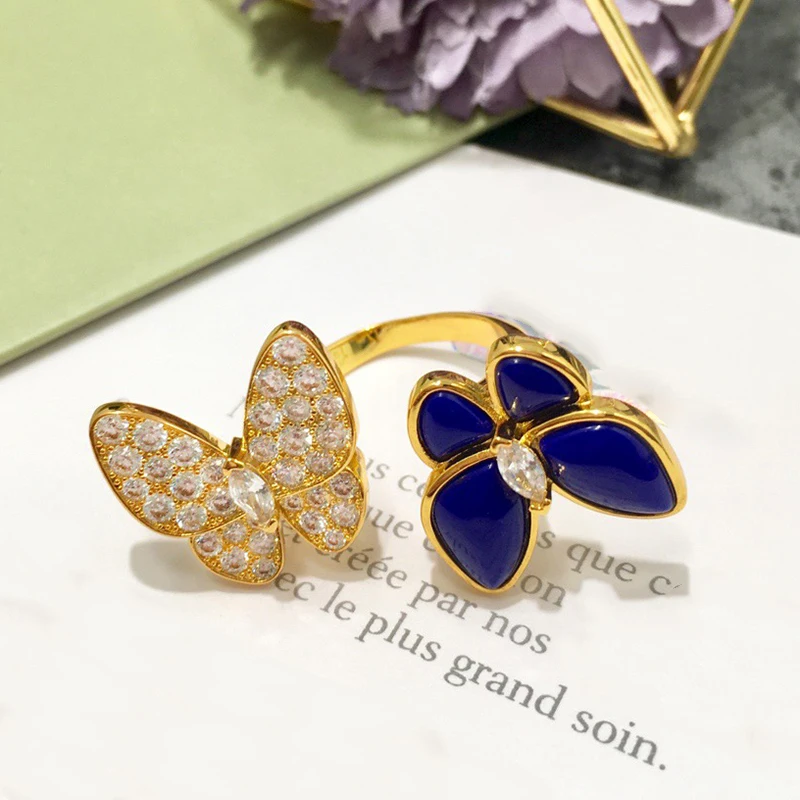 

925 Sterling Silver jewelry Elegant crystal shell butterfly finger ring fashion gold animal Adjustable ring famous brand jewelry