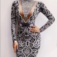 Черный серый Стразы Жемчуг Длинные рукава платье Сексуальное спандекс для женщин певица наряд день рождения Празднование вечернее платье