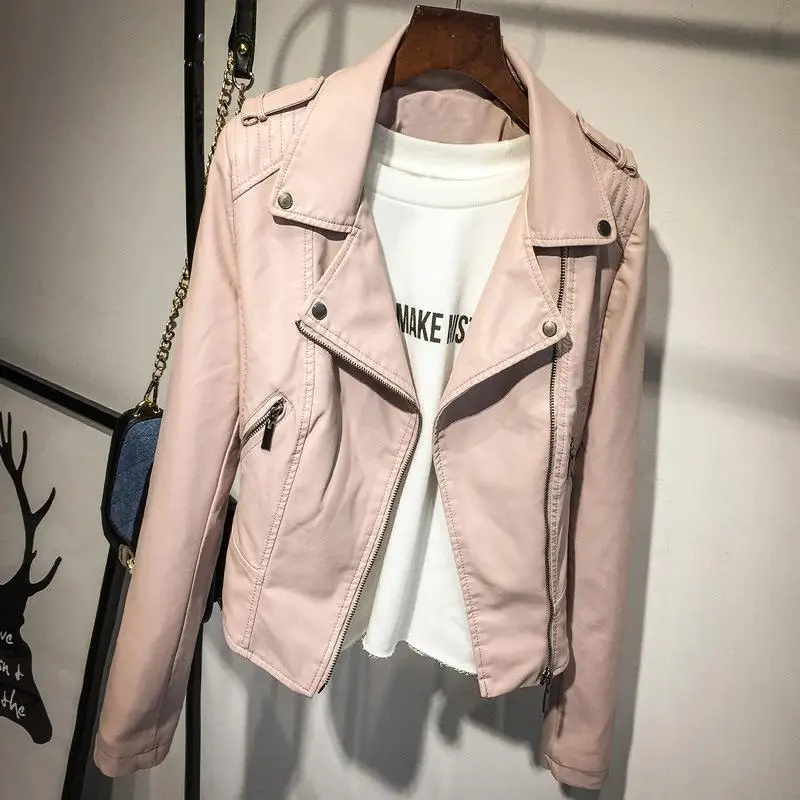 Женская куртка из искусственной кожи с отложным воротником, новая весенне-осенняя тонкая розовая кожаная куртка с длинными рукавами, женские Байкер Мото верхняя одежда из полиуретана - Цвет: 2