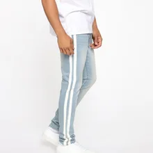 HEFLASHORStriped Модные узкие джинсы талия джинсы мужские Боковые Полосатые брюки в полоску рваные эластичные узкие джинсы