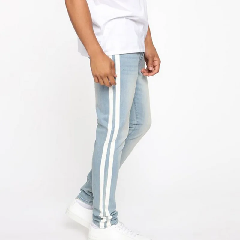 HEFLASHORStriped Модные узкие джинсы талия мужские Боковые Полосатые брюки в полоску