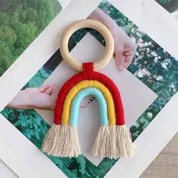 

Handmade Woven Cotton Rope Rainbow Decoration with Tassels Natural Wooden Ring String Wall Hanging Home Decor New Arrivals