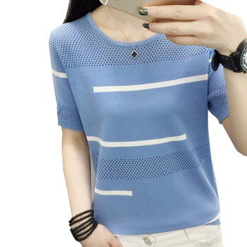

Thin Summer Hollow Out Striped T Shirt Women Tshirt Knitted 2020 Korean T-Shirt Woman Clothes Tee Shirt Femme Camisetas Mujer