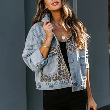 

Autumn New Fashion Leopard Print Stitching Women Denim Coats Loose Long Sleeve Single Breasted Jacket Ladies Casual Streetwear