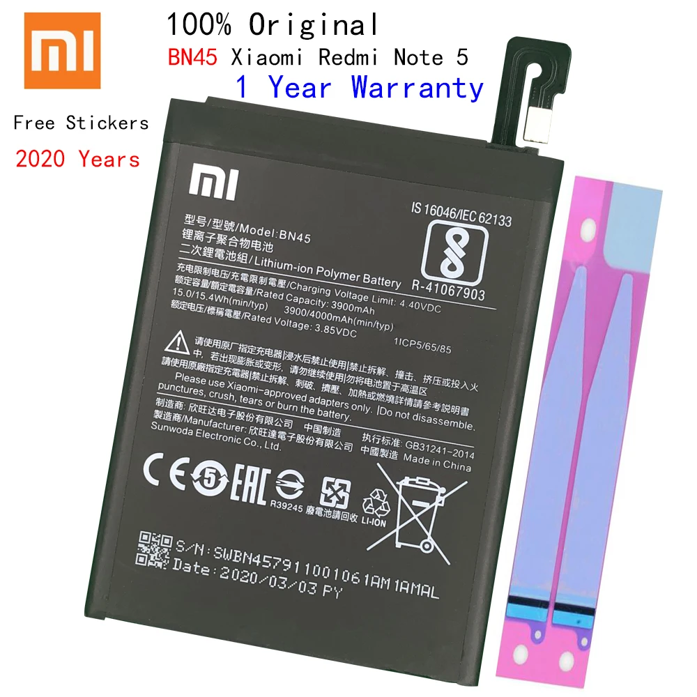 Оригинальный аккумулятор для XIAOMI Redmi Note 5 батарея BN45 3900mAh Замена полная