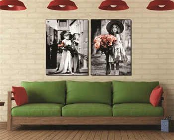 

Black and white photo cute Little girl with flower paintings liner material colour spray for painting decorate living room