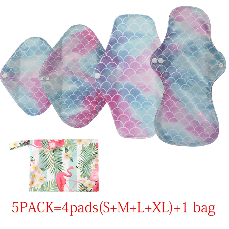 5PACK(S+M+L+XL+1bag) Ohbabyka Reusable Sanitary Towels Women Panty Liner New Reusable Washable Bamboo Charcoal Menstrual Pad