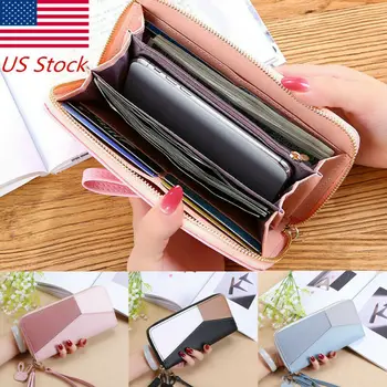 

2020 New Women Long Zipper Leather Wallet Large Patchwork Wristband Clutch Handbag Card Holder Phone Bag Purse