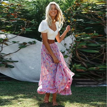 

2020 Summer Women Fashion Vintage Floral Holiday Maxi Dress Women Skinny High Waist Beach Skirts