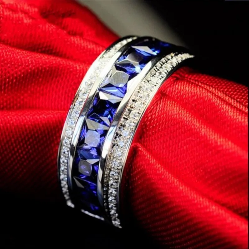 

Men's Deluxe 10K white Gold Princess-cut Blue Sapphire Crystal gemstone Band ring Wedding Rings for Men Women jewelry