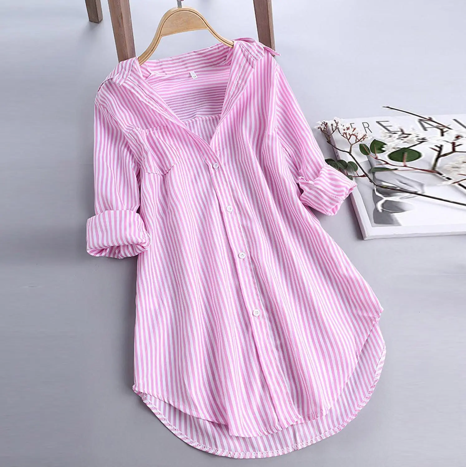 

Women Shirts Stripe Cotton Long Sleeve Turn-down Collar Pink Button Loose Temperament Elegant Summer Blouse Shirts