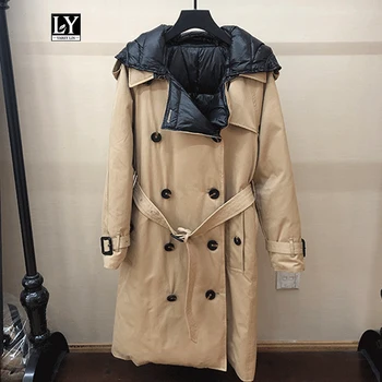 

Ly Varey Lin Winter 90% White Duck Down Parka Women Hooded Double Breasted Jacket Coat Hat Detachable Sash Tie Up Down Outerwear