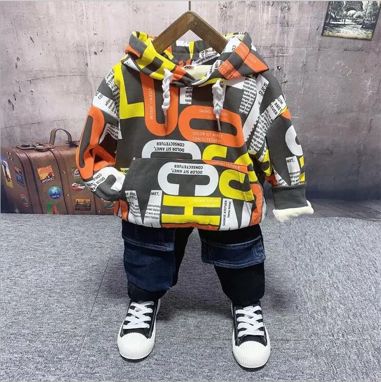 

Winter Kids Clothes Baby Boys Thickening Plush Hoodie + Plush Jeans 2PCS Tracksuit Baby Boy Clothes Set Children Clothing Sets