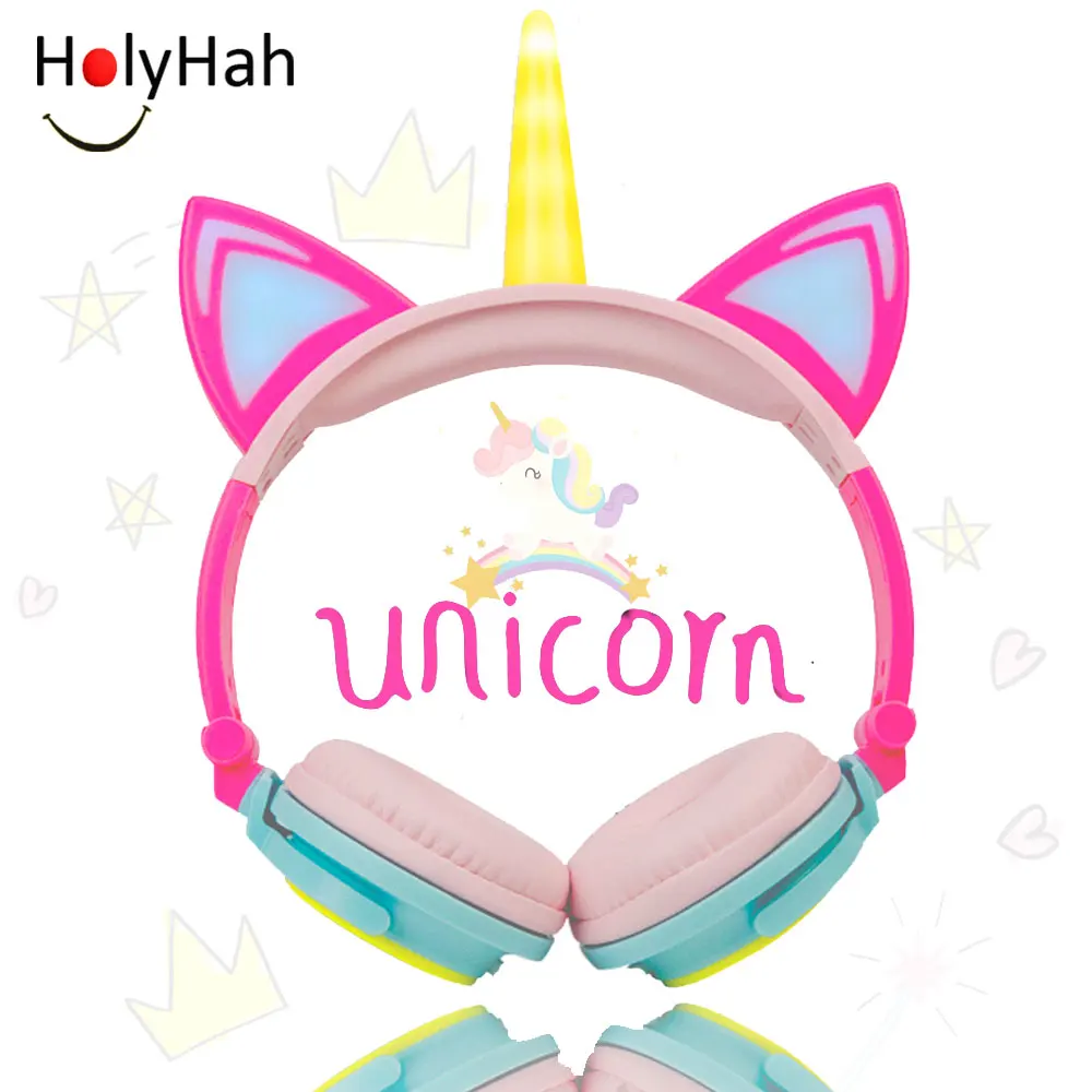 Cute Wired Foldable LED Light Flashing Unicorn Animal Kids Headphone for Birthday Party Decoration Boys Girls Student Gift