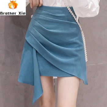 

Slimming Hip Skirt Femme Irregular High Waist Skirt Pleated A- Line Skirts Jupe Femme