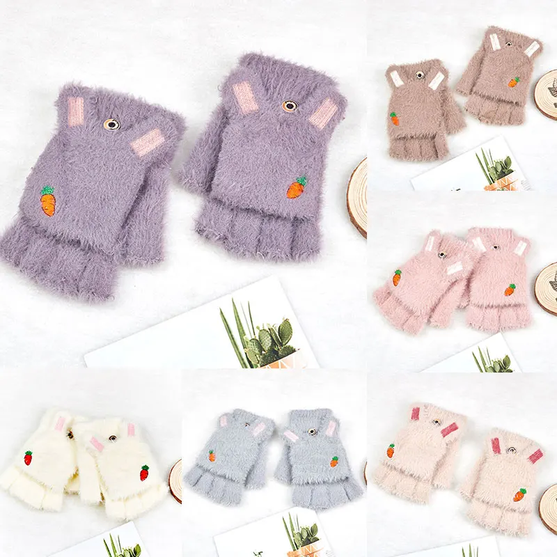 

Winter Warm Knitted 1 Pairs Flipped Half Finger Gloves Fingerless Mittens Rabbit Ears Plush Gloves Soft Thicken Cute Cartoon