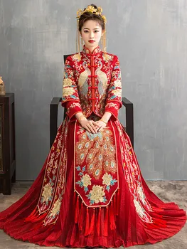 

Red Oversize 4XL Bride Dress Wedding Dress Retro Dress Chinese Cheongsam Dress High Quality Embroidery Peacock Long Section