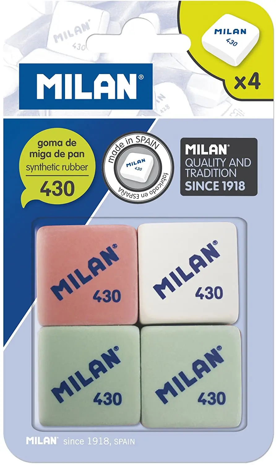 Pack de 4 gomas de borrar material oficina estudiantes infantil Milan BMM9215 