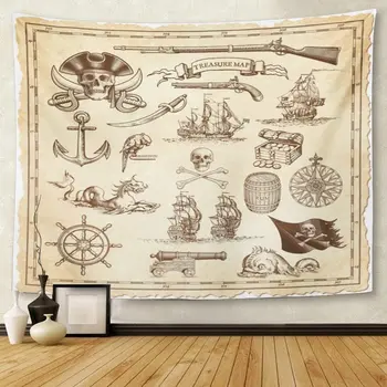 

Yellow Pirate Collection of Very High Detail Ornaments Designed to Illustrate Vintage Treasure Maps Old Tapestry Wall Hanging