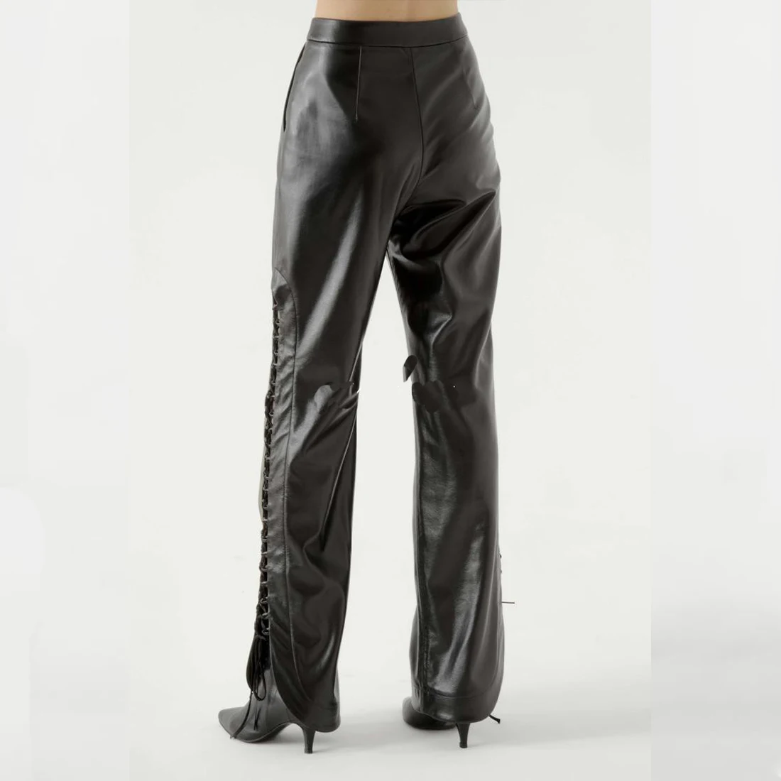 L77street Women High street Old Side slits with High waist Washed leather Pu Wide leg leather pants