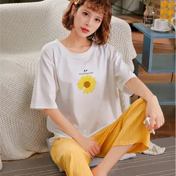 

2020 Summer Fashion Cotton Short Sleeve Long Pants Pajama Sets for Women Loose Sleepwear Girls Cute Pyjama Homewear Home Clothes