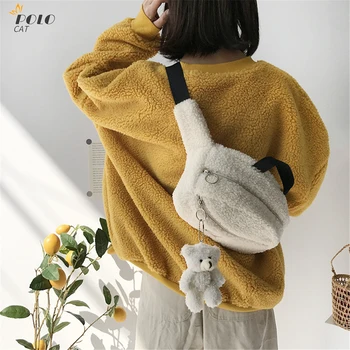 

2020 Winter Lamb Like Fabric Female Waist Bag Cute Bear Fanny Pack Cartoon Plush Travel Phone Pouch Chest Bag Free Pendant