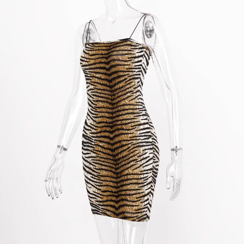 Женское платье на тонких бретельках с принтом тигра, сексуальное женское платье для ночного клуба, летнее женское мини-платье, вечерние платья с открытой спиной, облегающее платье