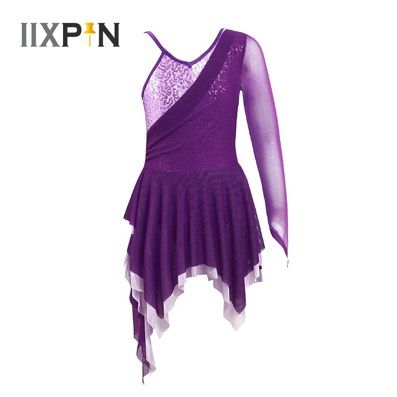

Kids Girls Contemporary Lyrical Dance Costumes Shiny Sequins Mesh Irregular Hem Ballet Dance Gymnastics Leotard Dress Dance Wear