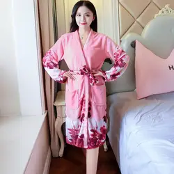 2019 зимние толстые теплые фланелевые кимоно халаты для женщин с длинным рукавом с принтом кораллового бархата пижамы халат Femme Домашняя