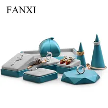 

Oirlv Jewelry Display Set Blue Leather Ring Necklace Display Rack Jewelry Organizer Tray Earring Display Stand