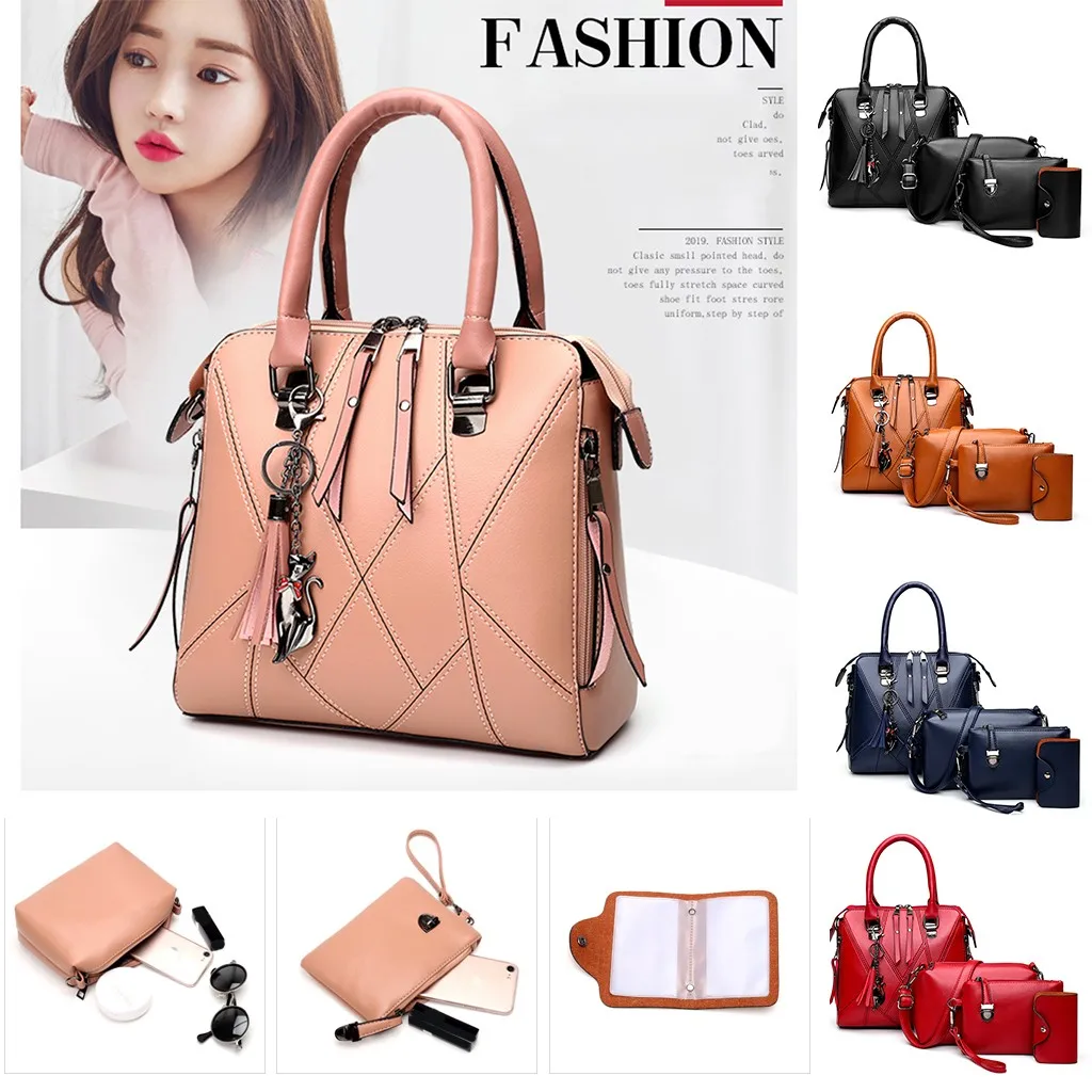 

4Pcs Women Fashion Pattern Solid Fringe Purse +Messenger Bag+Handbag+Wallet PU leather Shoulder bag for female Bolso femenino