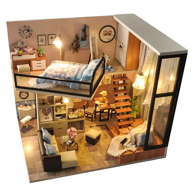 

Modern Apartment DIY Hut Villa Leisurely Court wei meng Model Toy Handmade Assembled House Birthday Wood Unisex