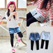 Весенние выцветшие джинсовые леггинсы с юбкой в Корейском стиле для девочек, штаны для девочек