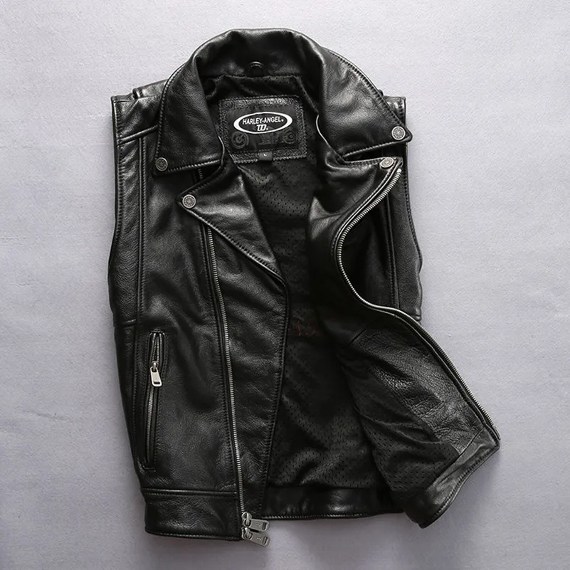 

2020 men's slim fit sleeveless motorcycle jacket with lucky pig pattern black cowskin fashion leather men biker vest male