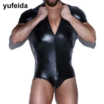

Sexy Mens Undershirts PU Leather Jumpsuit Underwear Wrestling Singlet Gay Leotard Bodysuit Dance Clubwear Briefs Pouch One-piece