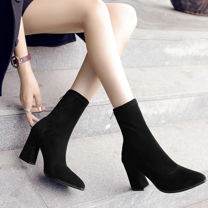 

2019 autumn Women's Boots Pointed Toe Yarn Elastic High Heels Shoes Woman Female Socks Boots S6-86