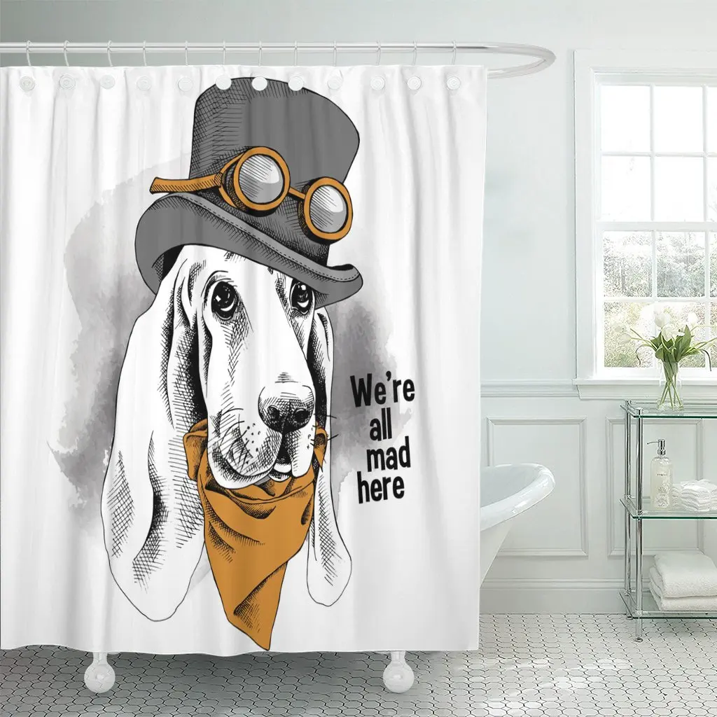 Рисунок портрет забавная собака Basset Hound носить стимпанк топ шляпа с очками и галстуком очки душ занавеска водонепроницаемый