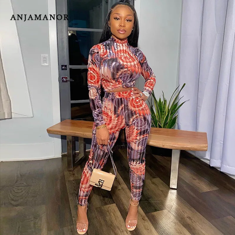 

ANJAMANOR Print Velvet Sexy Long Sleeve Two Piece Pants Set Club Outfits Women Clothes Spring 2020 2 Piece Suits D87-AF59