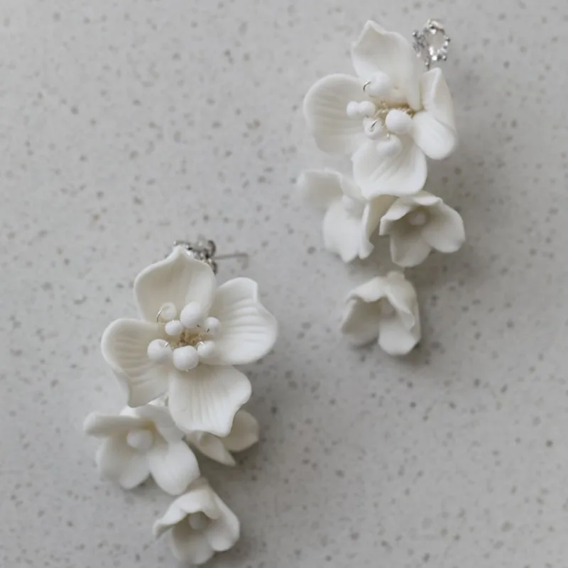 Ins Porcelain Flower Wedding Earrings Bridal Jewelry Gold Silver Color Handmade Women Drop Earring 3