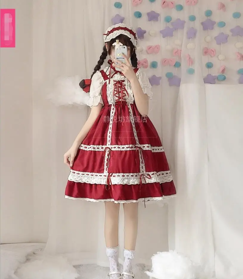 Cos Loli JSK Shoulder-Strapes Lace Dress Lolita Japanese Mori Girl Cute Kawaii Retro Gothic Princess Tea Party Dress Cos lolita dress lolita suspender dress lolita cosplay costumes