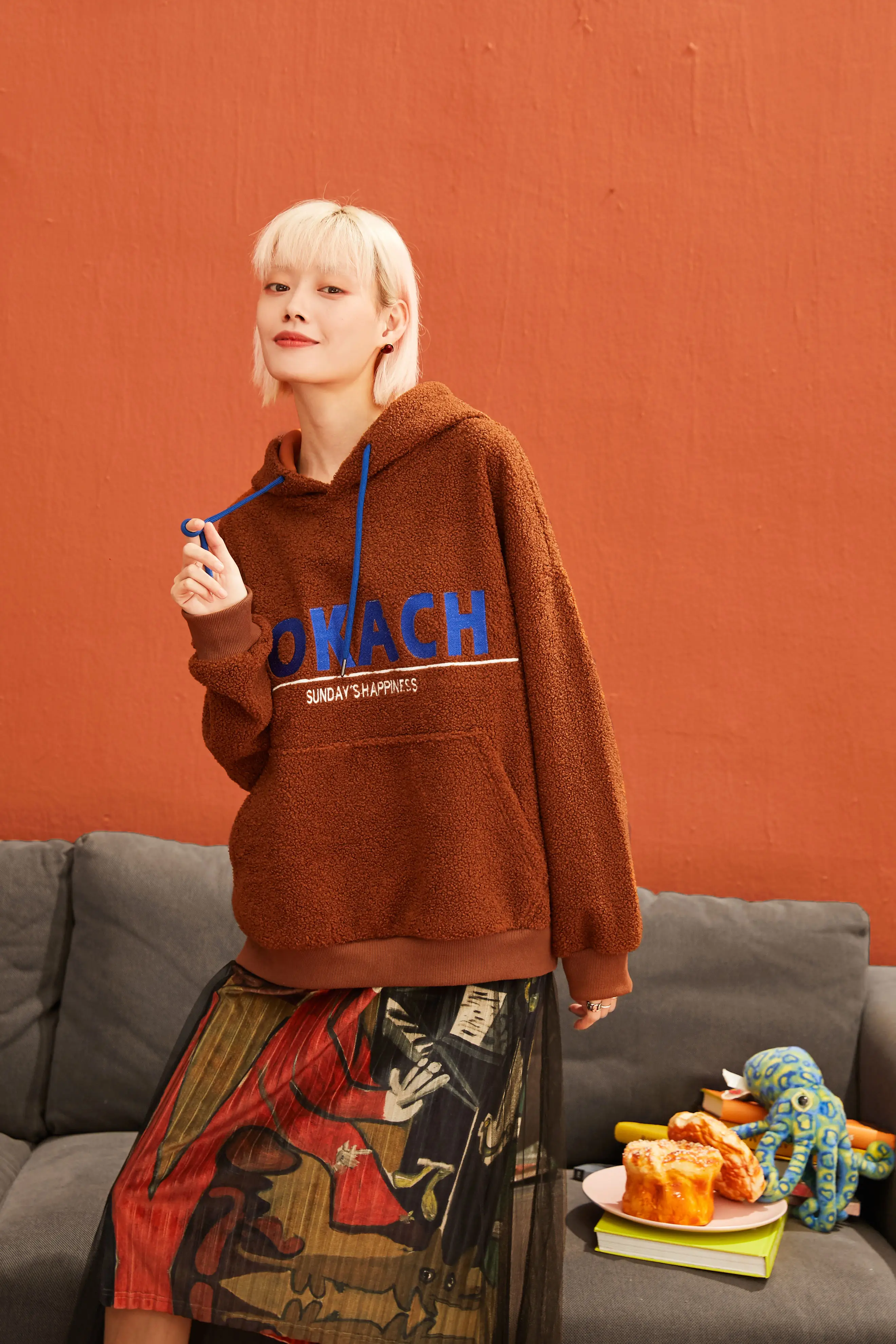 SAM'S TREE Solid Teddy Lazy Letter Embroidery Hoodies Sweatshirt Women Autumn Straight Long Sleeve Casual Female Daily Tops