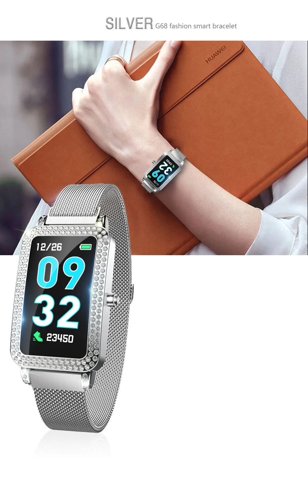 Lady Smartwatch Gift Bracelet Women with Diamend Bluetooth Sports Android iOs Best Christmas Present Gold Purple Silver