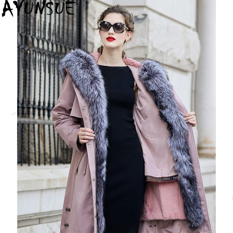 AYUNSUE, парка, пальто из натурального меха, зимняя куртка, Женская длинная куртка с кроличьим мехом, женские куртки с лисьим меховым воротником, теплое пальто MY4200