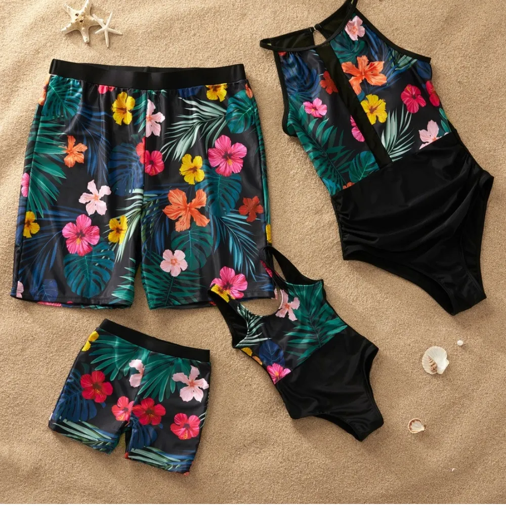 Family Look Mom and Daughter Swimsuit Patchwork Printed Mesh Mommy and